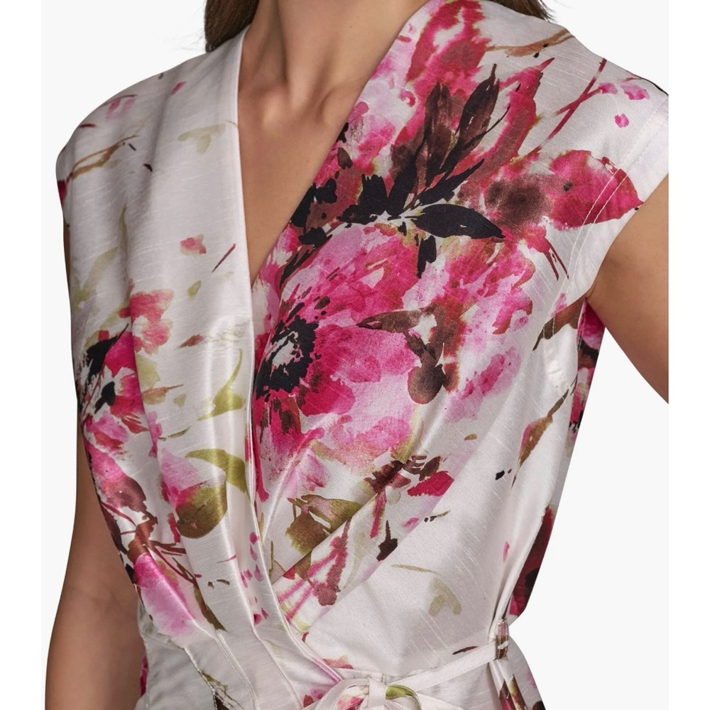 Donna Karan White Floral Wrap Midi Dress with Pink Accents - Picture 8 of 14